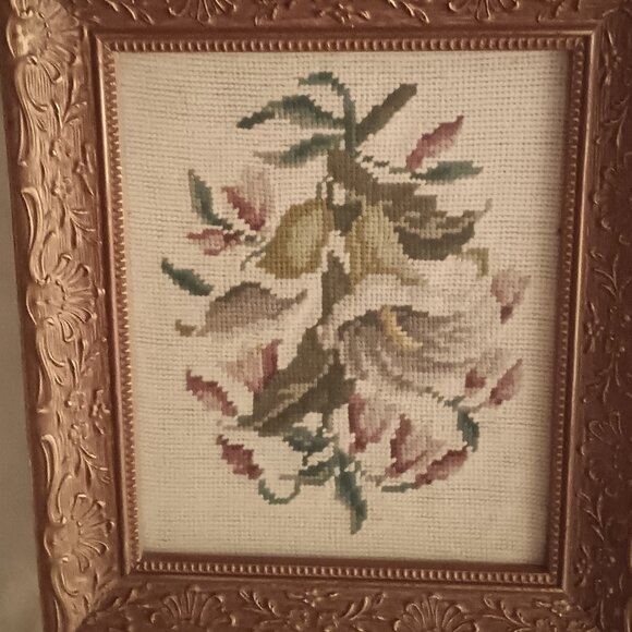 Needlepoint Floral Design Vintage Handmade in Gorgeous Victorian Picture frame